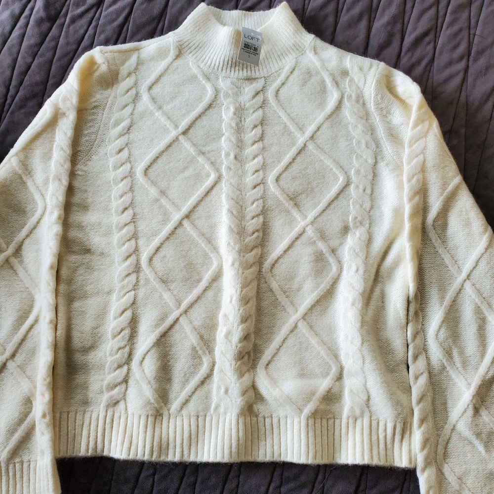 LOFT Cream Cable Knit Turtleneck Sweater, NWT